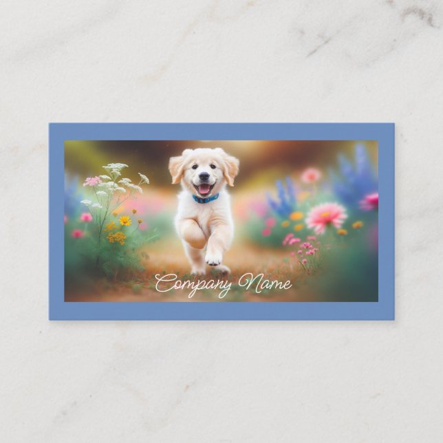 Tarjeta De Visita Golden Retriever Puppy corriendo en flores (Anverso)