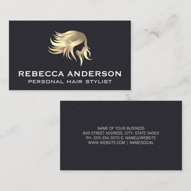 Tarjeta De Visita Golden Salon Hair | Cuero negro (Anverso / Reverso)