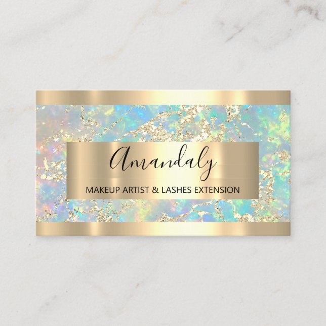 Tarjeta De Visita Golden Strokes Marble Beauty Shop Holographic (Anverso)