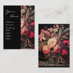 TARJETA DE VISITA GOLDFINCH, ROSAS ROSADOS Y MARIPOSA