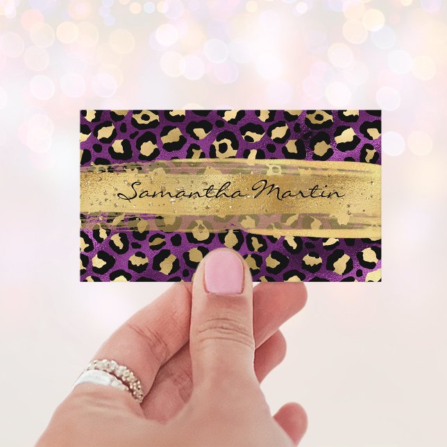Tarjeta De Visita Golpe de pincel de leopardo de Relieve metalizado  (Gold and Purple Foil Leopard Brush Stroke Business Card)