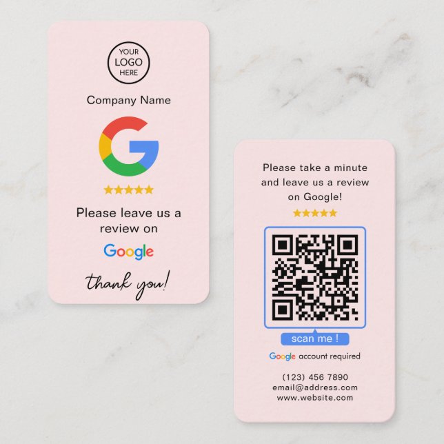 Tarjeta De Visita Google Rosa revisa el código QR Reseña de negocio (Anverso / Reverso)