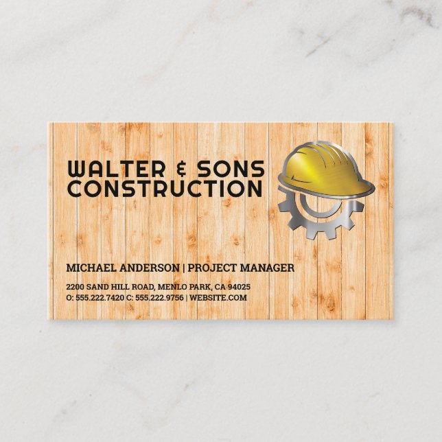 Tarjeta De Visita Gorra duro de construcción | Fondo de madera (Anverso)