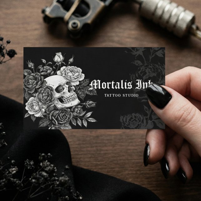 Tarjeta De Visita Gothic Skull & Floral Black Tattoo Studio Artist (Gothic Skull & Floral Black Tattoo Studio Artist Business Card)