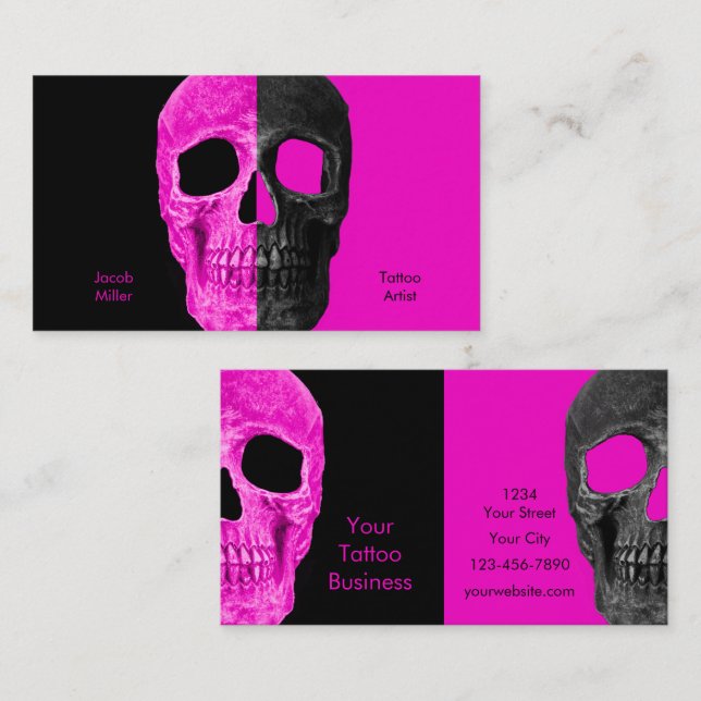 Tarjeta De Visita Gótica mitad Skull Head Pink Black Tattoo Shop (Anverso / Reverso)