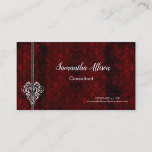 Tarjeta De Visita Gótico Red Damask Silver Heart