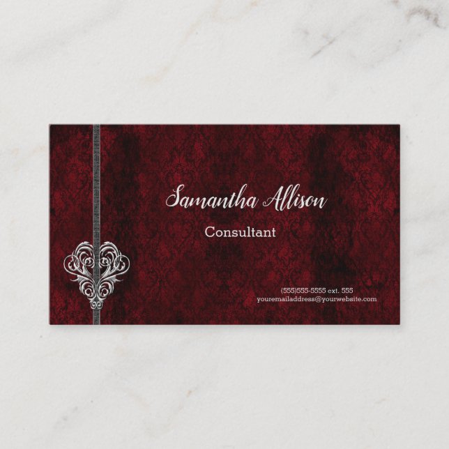 Tarjeta De Visita Gótico Red Damask Silver Heart (Anverso)
