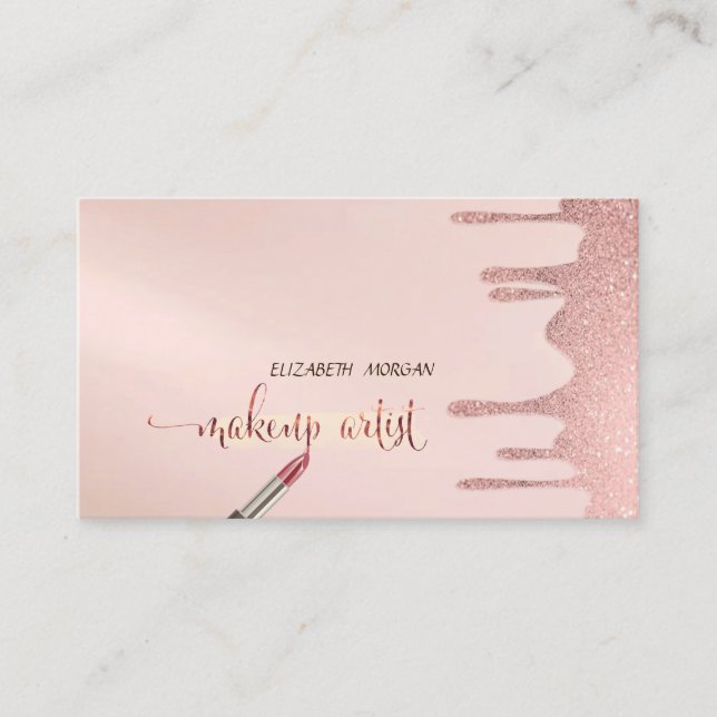 Tarjeta De Visita Gotitas Brillantes Modernas de Moda, Lápiz Labial, (Anverso)