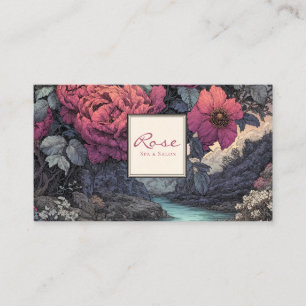 Tarjeta De Visita Grabado Antiguo Peonía Magenta Paisaje Fluvial