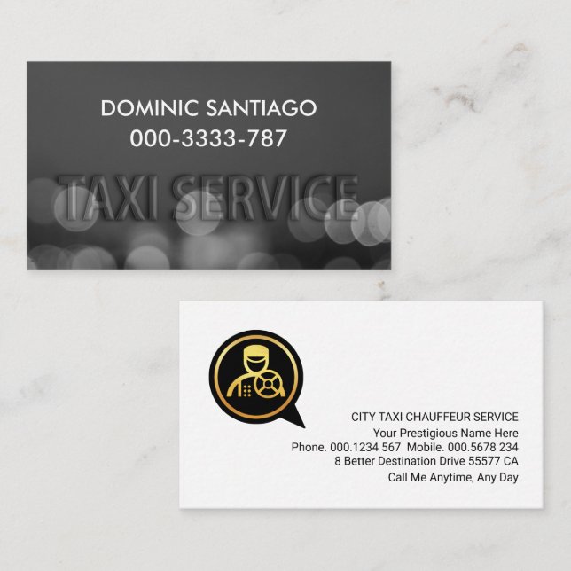 Tarjeta De Visita Grabado en relieve de Taxi Service City Lights Bok (Anverso / Reverso)