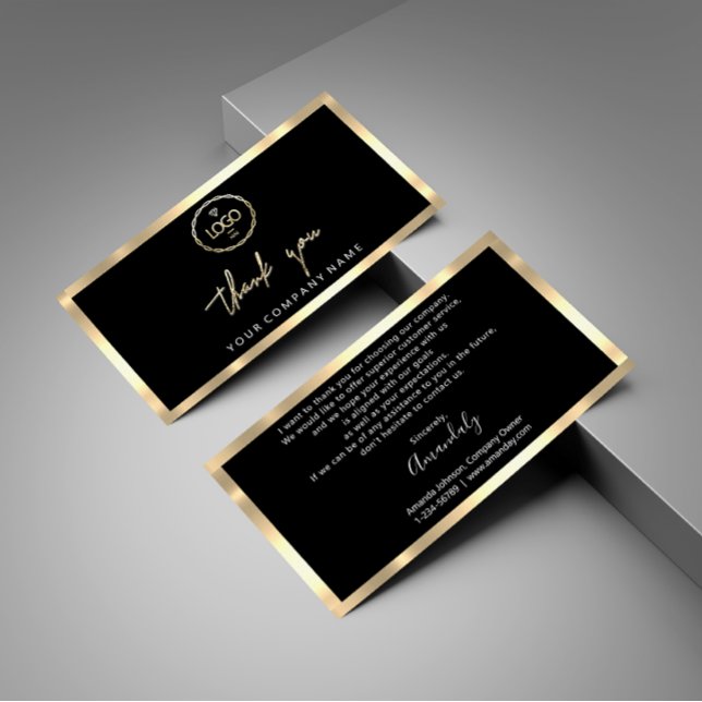 Tarjeta De Visita Gracias Business Insert Logo Marco dorado Negro (Thank You Business Insert Logo Gold Frame Black)