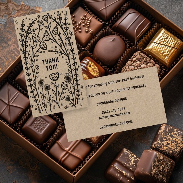 Tarjeta De Visita GRACIAS Pedido Descuento Elegante Kraft (THANK YOU for your Order Discount Code Elegant Wildflower Kraft Small Shopping Business Card
)