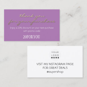 Tarjeta De Visita Gracias por comprar código de descuento Purple Go