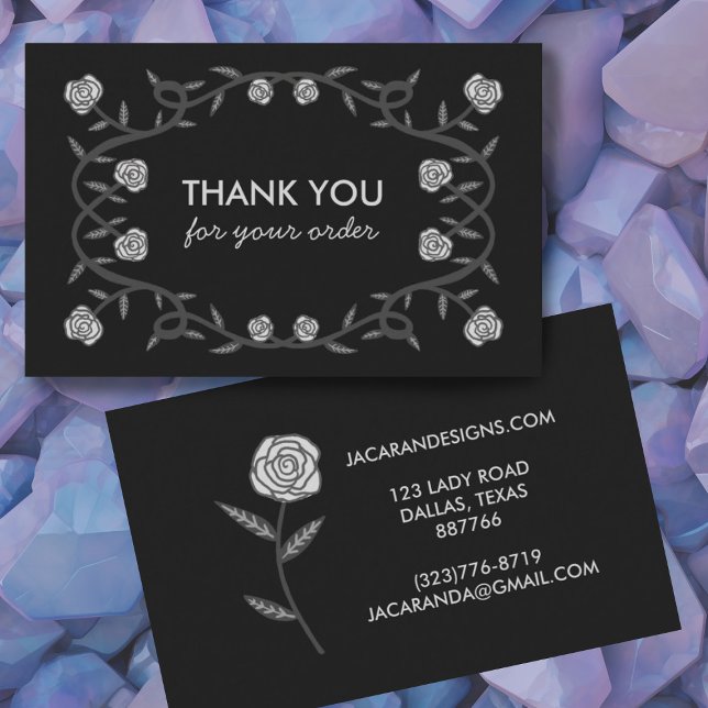 Tarjeta De Visita GRACIAS POR PEDIDO Moda Elegante Marco Rosa Gótico (Thank you for your business custom cards with a rose design in black. Very chic!)