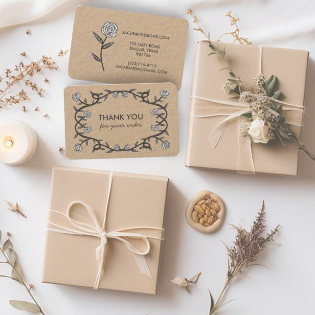 Tarjeta De Visita GRACIAS POR PEDIDO Moda Elegante Rosa Frame Kraft (Sweet roses frame kraft business cards thank you for your order cards)