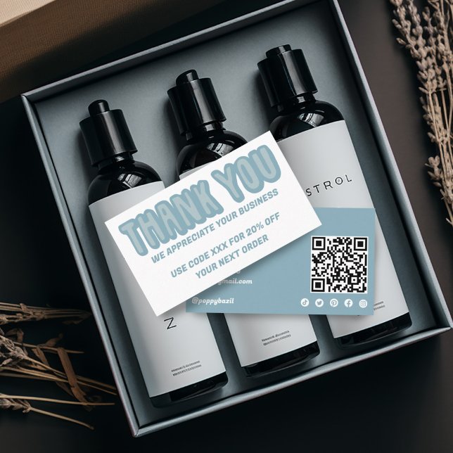 Tarjeta De Visita Gracias por pedir iconos sociales QR Code BLUE (Hand lettered thank you notes with discount code, custom QR code, social media icons)