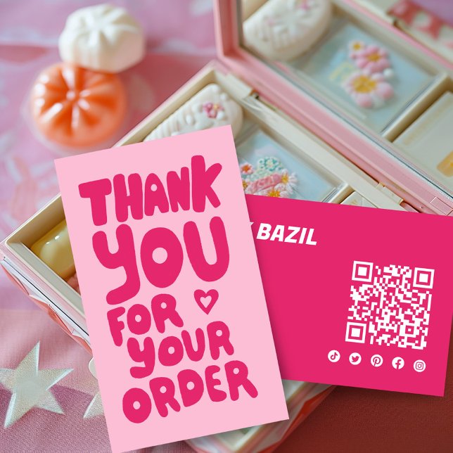Tarjeta De Visita Gracias por pedir iconos sociales QR código Curte  (Thank You for Order Social Icons QR Code Pink Cute Handlettering Girly Business Card)