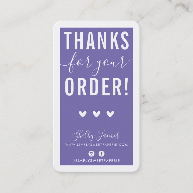 Tarjeta De Visita GRACIAS POR TU PEDIDO, introdúzcala púrpura modern (Anverso)