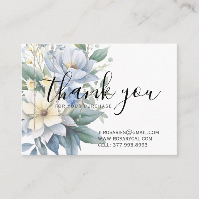 Tarjeta De Visita Gracias Rosary Religious Blue Floral (Anverso)