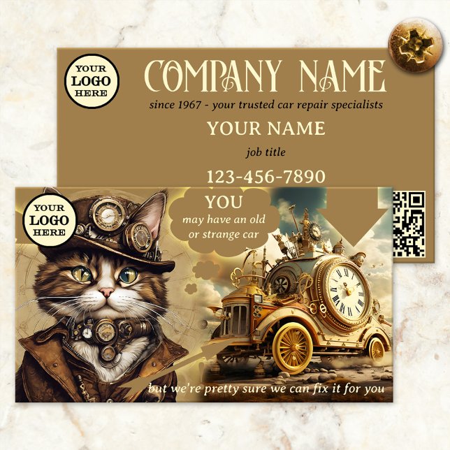 Tarjeta De Visita Gracioso garaje mecánico de reparación de coches (Business card showing a funny and whimsical design with an image of a steampunk cat with odd vehicle)