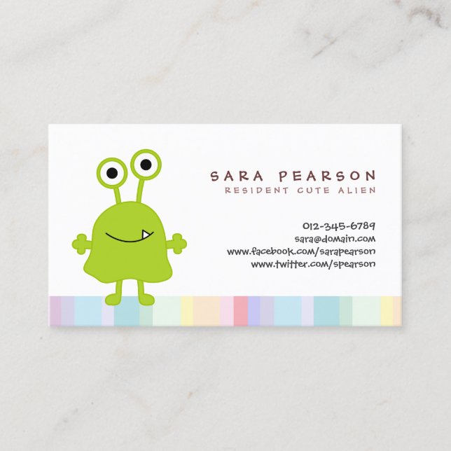 Tarjeta De Visita Gracioso Título Cute GreenMonster Alien Niños Tarj (Anverso)