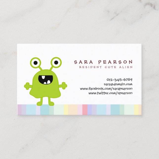 Tarjeta De Visita Gracioso Título Cute GreenMonster Alien Niños Tarj (Anverso)