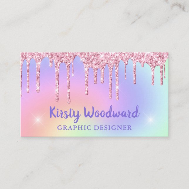 Tarjeta De Visita Gradiente de Arcoíris Pastel y Glitter Rosado que  (Anverso)
