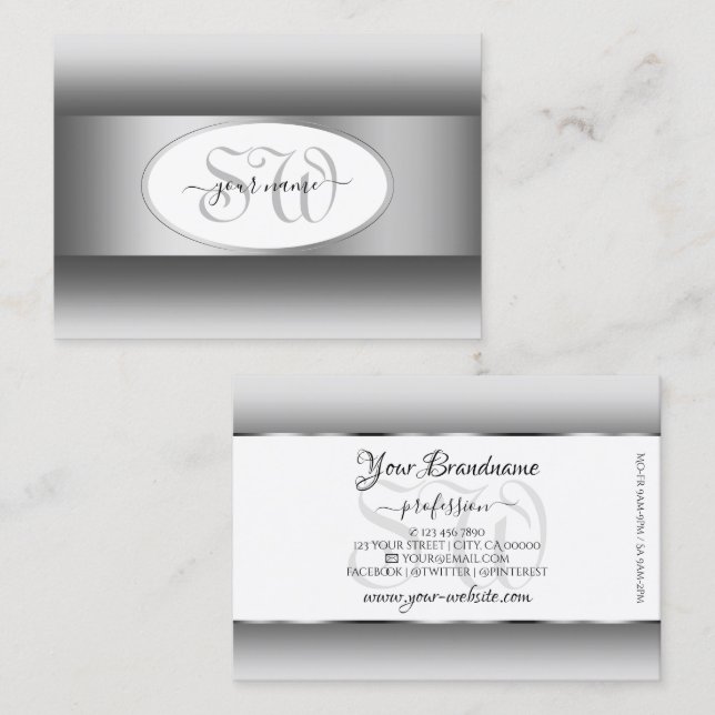 Tarjeta De Visita Gradiente gris y blanco Monograma Oval Plata (Anverso / Reverso)