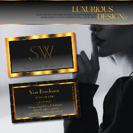 Tarjeta De Visita Gradiente negro de marco Naranja casual con monogr