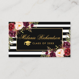 Tarjeta De Visita Graduación Redes Burgundy Floral Gold Striped