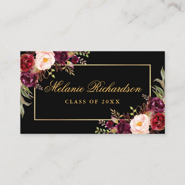 Tarjeta De Visita Graduación Redes Gold Borgoña Floral (Anverso)