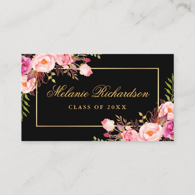 Tarjeta De Visita Graduación Redes Gold Floral Rosa (Anverso)