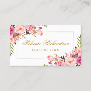Tarjeta De Visita Graduación Redes Rosa Floral Gold
