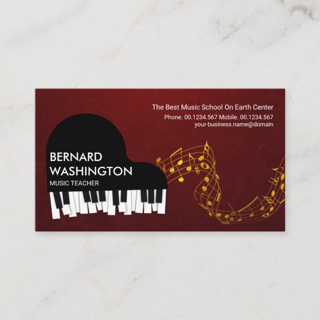 Tarjeta De Visita Grand Piano Gold Music Notes Pianist (Anverso)