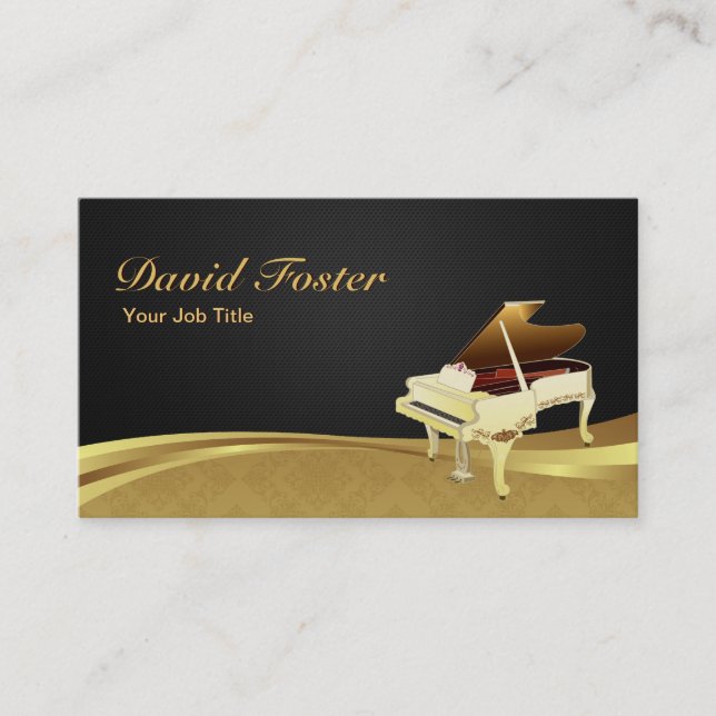 Tarjeta De Visita Grand Piano Pianist Elegant Black Gold Damask (Anverso)