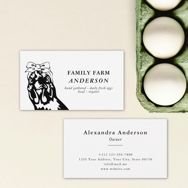 Tarjeta De Visita Granja mínima de pollo blanco y negro Huevos fresc (Minimal Black and White Chicken Farm Fresh Eggs Business Card)