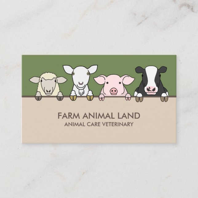 Tarjeta De Visita Granja verde beige animal Vet Oveja de vaca Cerdo (Anverso)
