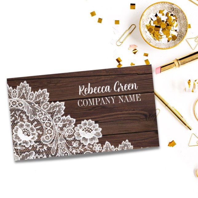Tarjeta De Visita Grano de madera de encaje blanco moderno de grisac (Modern Feminine Girly Rustic White Lace Woodgrain Business Card)