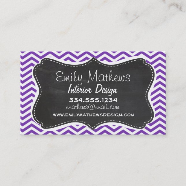 Tarjeta De Visita Grape Purple Chevron Strips; Chalkboard look (Anverso)