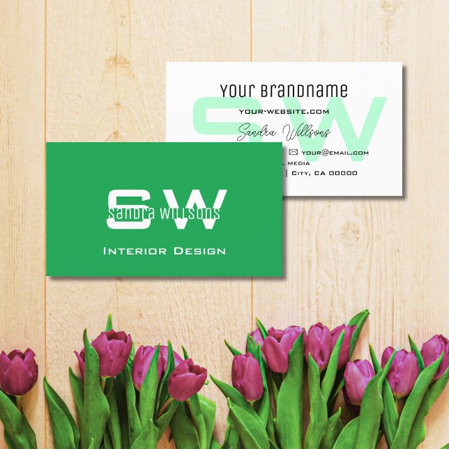 Tarjeta De Visita Grasa plana verde y blanca simple con monograma (Subido por el creador)