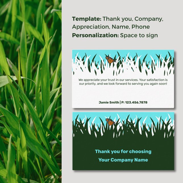 Tarjeta De Visita Gratitud de la Naturaleza: Gracias 🦋 mariposa 🌿  (Nature's Gratitude: 🦋Lawn Butterfly Thank You Business Card, Space to Sign, Thank You For Choosing)