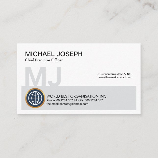Tarjeta De Visita Gray Block Monogram Name Initials CEO Fundador (Anverso)