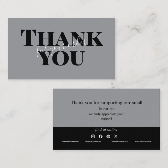 Tarjeta De Visita Gray Bold Thank You Card Social Media Small Busine (Anverso / Reverso)