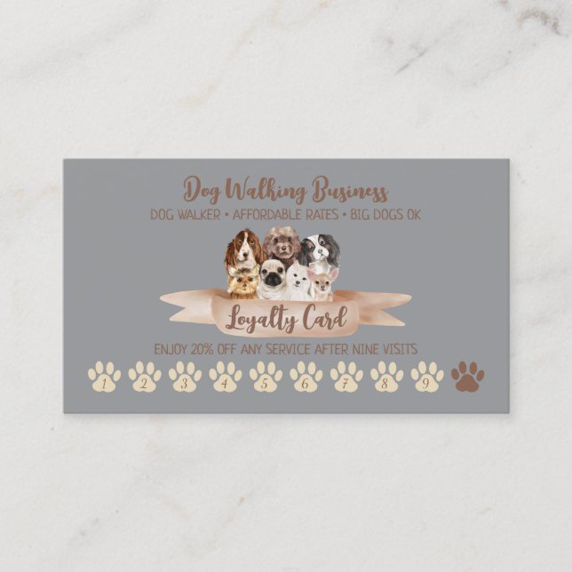 Tarjeta De Visita Gray Dog Walker Loyalty Discount Paw (Anverso)