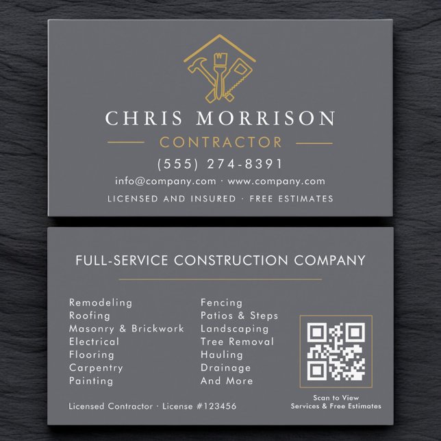 Tarjeta De Visita Gray Home Repairs Contractor QR Code (Subido por el creador)