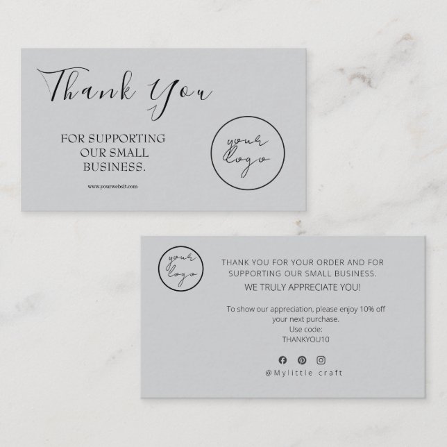 Tarjeta De Visita Gray Logo Script Thank You Card Discount Business (Anverso / Reverso)