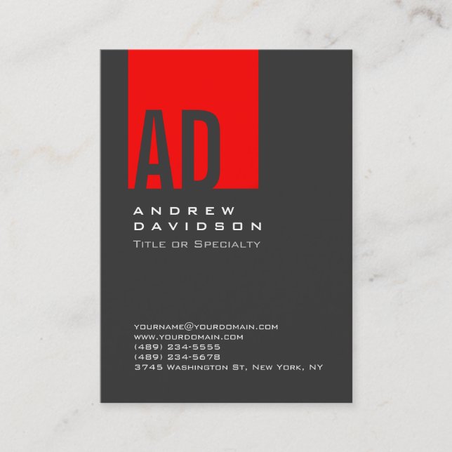 Tarjeta De Visita Gray Trend Red Stripe Monograma White Business Car (Anverso)