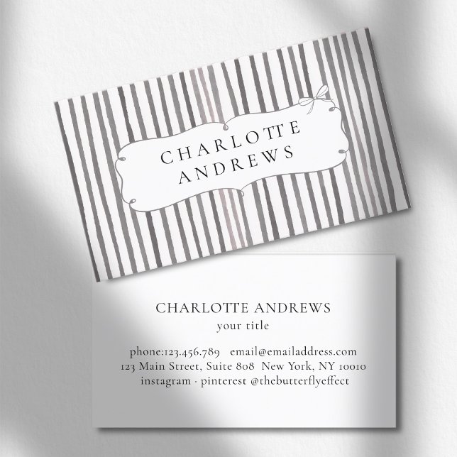 Tarjeta De Visita Gray White Stripe Vintage Bow  (Gray White Stripe Vintage Bow Business Card)