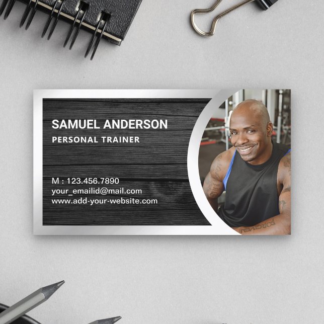 Tarjeta De Visita Gray Wood Silver Fitness Personal Training Foto (Subido por el creador)