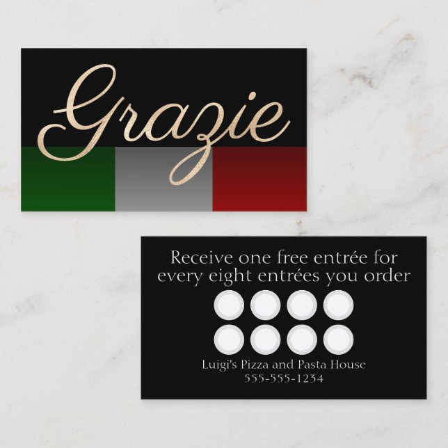 Tarjeta De Visita Grazie Black Italian Restaurant Loyalty Card (Anverso / Reverso)